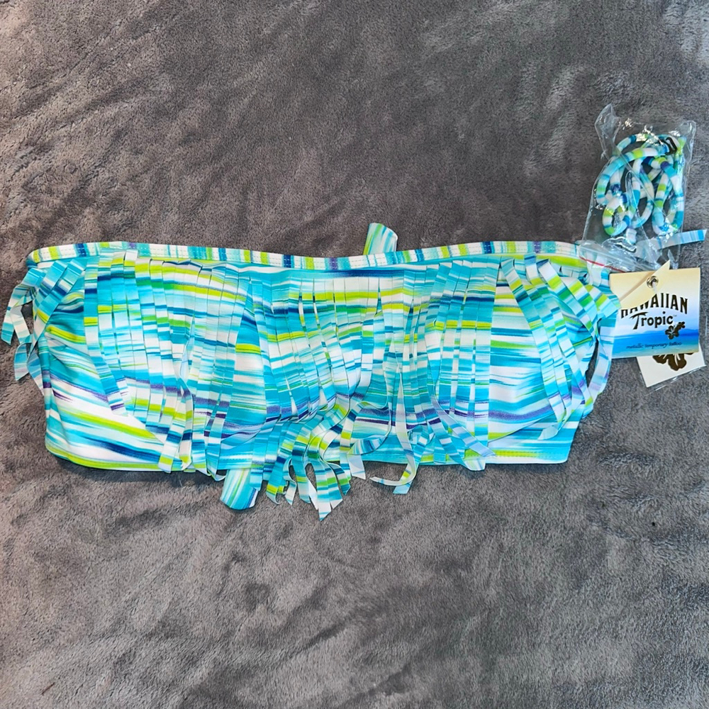 NOS Women's XLarge Hawaiian Tropic Fringe Bandeau Bathing Suit Top Aqua/White/Yw